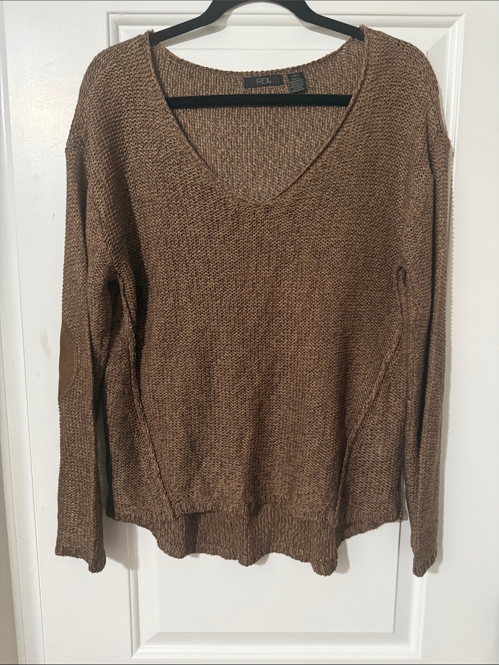 RDI Brown V-Neck Knit Sweater with Elbow Patches